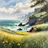 Coastal Meadow with Bending Grasses and Cliffs Over Turbulent Ocean Waves