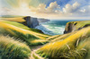 Coastal Meadow with Bending Grasses and Cliffs Over Turbulent Ocean Waves