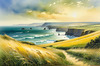 Coastal Meadow with Bending Grasses and Cliffs Over Turbulent Ocean Waves