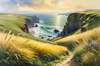 Coastal Meadow with Bending Grasses and Cliffs Over Turbulent Ocean Waves