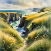 Coastal Meadow with Bending Grasses and Cliffs Over Turbulent Ocean Waves