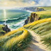 Coastal Meadow with Bending Grasses and Cliffs Over Turbulent Ocean Waves