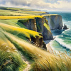 Coastal Meadow with Bending Grasses and Cliffs Over Turbulent Ocean Waves