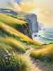 Coastal Meadow with Bending Grasses and Cliffs Over Turbulent Ocean Waves