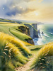 Coastal Meadow with Bending Grasses and Cliffs Over Turbulent Ocean Waves