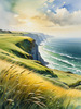 Coastal Meadow with Bending Grasses and Cliffs Over Turbulent Ocean Waves