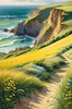 Coastal Meadow with Bending Grasses and Cliffs Over Turbulent Ocean Waves