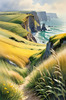 Coastal Meadow with Bending Grasses and Cliffs Over Turbulent Ocean Waves