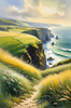 Coastal Meadow with Bending Grasses and Cliffs Over Turbulent Ocean Waves