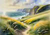 Coastal Meadow with Bending Grasses and Cliffs Over Turbulent Ocean Waves