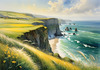 Coastal Meadow with Bending Grasses and Cliffs Over Turbulent Ocean Waves