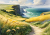 Coastal Meadow with Bending Grasses and Cliffs Over Turbulent Ocean Waves