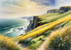 Coastal Meadow with Bending Grasses and Cliffs Over Turbulent Ocean Waves