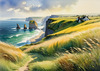 Coastal Meadow with Bending Grasses and Cliffs Over Turbulent Ocean Waves