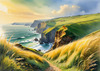 Coastal Meadow with Bending Grasses and Cliffs Over Turbulent Ocean Waves