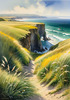 Coastal Meadow with Bending Grasses and Cliffs Over Turbulent Ocean Waves