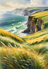 Coastal Meadow with Bending Grasses and Cliffs Over Turbulent Ocean Waves