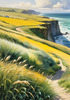 Coastal Meadow with Bending Grasses and Cliffs Over Turbulent Ocean Waves