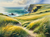 Coastal Meadow with Bending Grasses and Cliffs Over Turbulent Ocean Waves