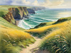 Coastal Meadow with Bending Grasses and Cliffs Over Turbulent Ocean Waves