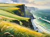 Coastal Meadow with Bending Grasses and Cliffs Over Turbulent Ocean Waves