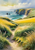 Coastal Meadow with Bending Grasses and Cliffs Over Turbulent Ocean Waves