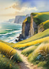 Coastal Meadow with Bending Grasses and Cliffs Over Turbulent Ocean Waves
