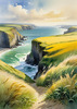 Coastal Meadow with Bending Grasses and Cliffs Over Turbulent Ocean Waves