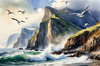 Printable Art of Coastal Mountains with Sea Waves and Soaring Seagulls