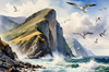 Printable Art of Coastal Mountains with Sea Waves and Soaring Seagulls