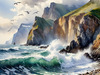 Printable Art of Coastal Mountains with Sea Waves and Soaring Seagulls