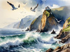 Printable Art of Coastal Mountains with Sea Waves and Soaring Seagulls