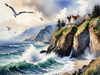 Printable Art of Coastal Mountains with Sea Waves and Soaring Seagulls