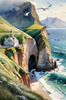 Printable Art of Coastal Mountains with Sea Waves and Soaring Seagulls