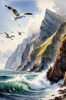 Printable Art of Coastal Mountains with Sea Waves and Soaring Seagulls