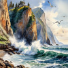 Printable Art of Coastal Mountains with Sea Waves and Soaring Seagulls