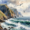 Printable Art of Coastal Mountains with Sea Waves and Soaring Seagulls