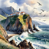 Printable Art of Coastal Mountains with Sea Waves and Soaring Seagulls