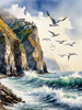 Printable Art of Coastal Mountains with Sea Waves and Soaring Seagulls