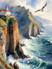 Printable Art of Coastal Mountains with Sea Waves and Soaring Seagulls