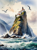 Printable Art of Coastal Mountains with Sea Waves and Soaring Seagulls