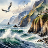 Printable Art of Coastal Mountains with Sea Waves and Soaring Seagulls