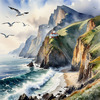 Printable Art of Coastal Mountains with Sea Waves and Soaring Seagulls