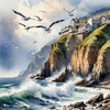 Printable Art of Coastal Mountains with Sea Waves and Soaring Seagulls