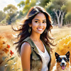 Printable Art of Animal Lover Girl with Earth-Toned Vest in Sunny Field