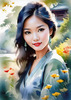 Printable Art of Animal Lover Girl with Earth-Toned Vest in Sunny Field