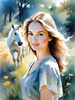 Printable Art of Animal Lover Girl with Earth-Toned Vest in Sunny Field