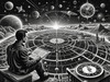 Surreal Black and White Cyberpunk looking at Celestial Zodiac Map with Clock Planets