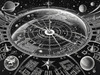 Surreal Black and White Cyberpunk looking at Celestial Zodiac Map with Clock Planets