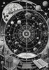 Surreal Black and White Cyberpunk looking at Celestial Zodiac Map with Clock Planets
